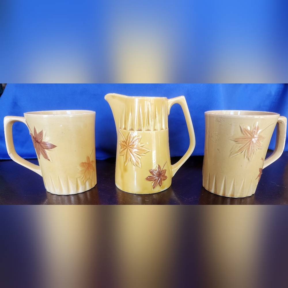 Mid Century Coffee Creamer and 2 Coffee Cups- 60's Ceramic Maple Design Gold